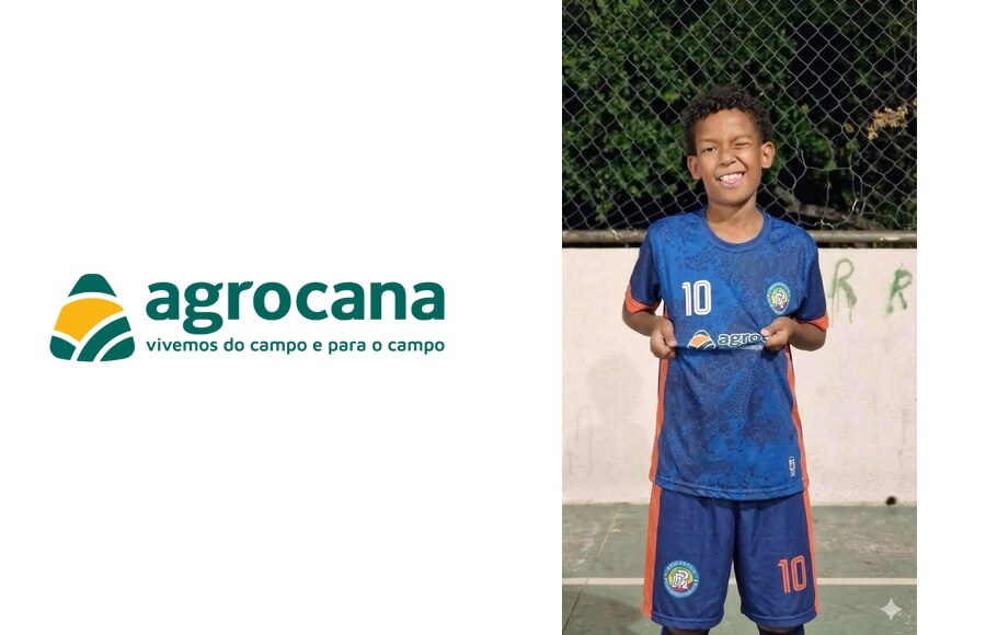 Atleta do Sub-12 ao lado da marca Agrocana, apoiadora do kit da categoria