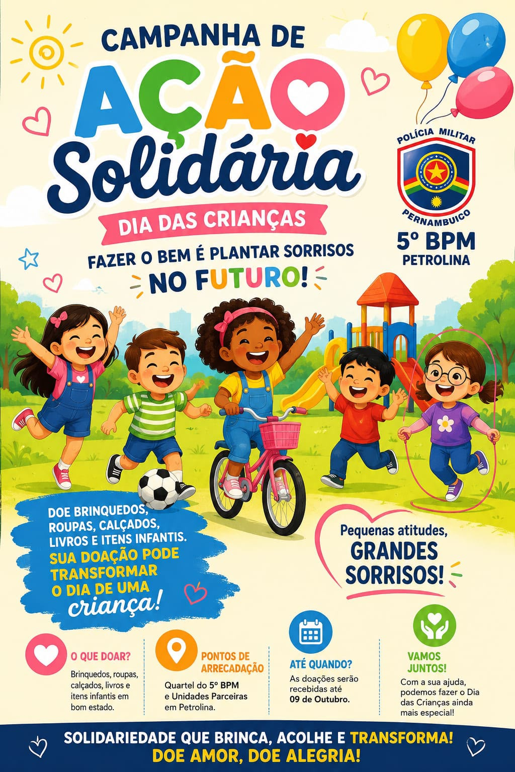 Cartaz da campanha solidária do Dia das Crianças do 5º BPM, com arrecadação até 9 de outubro