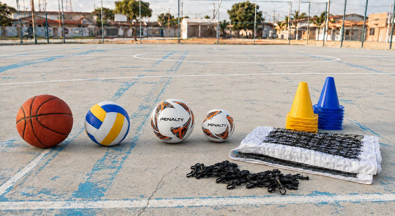Imagem ilustrativa dos materiais recebidos da Prefeitura: uma bola de basquete, uma bola de vôlei, duas bolas de futsal Penalty, rede profissional, presilhas e cones